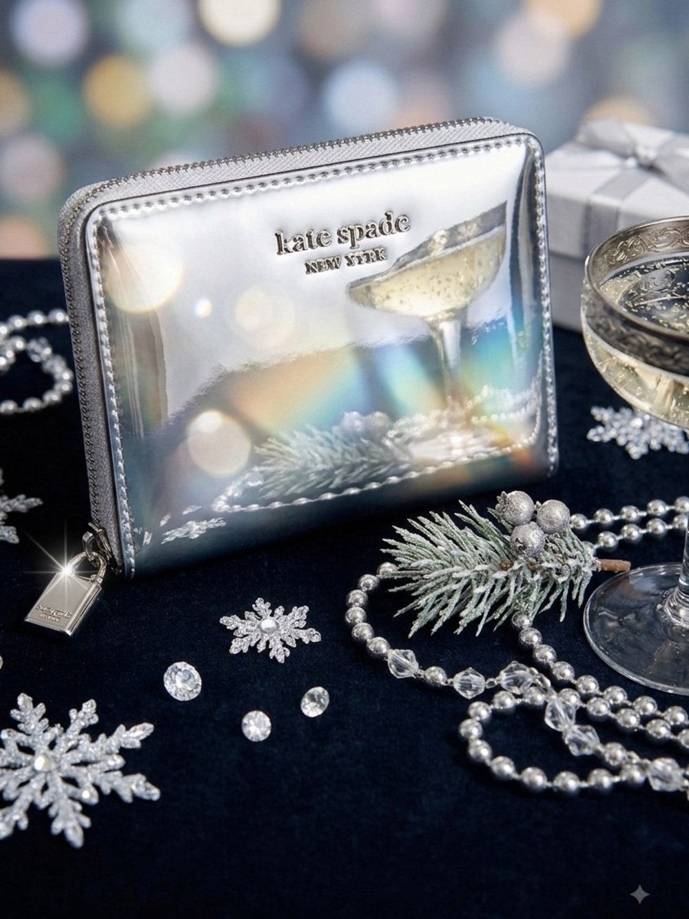 🆕 NWT Kate Spade Metallic Silver Natasha 2025 Compact Wallet Mirror Finish K|723 - Picture 2 of 14